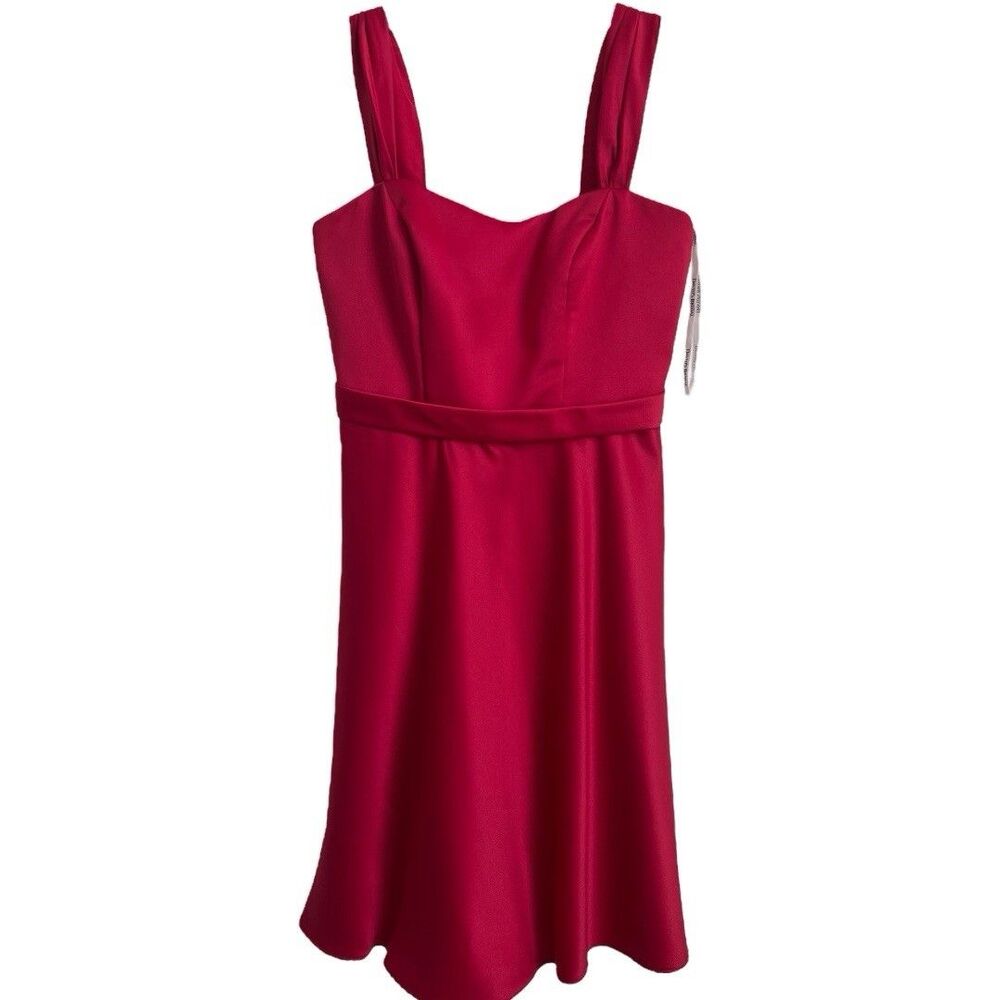 David’s Bridal Red Satin Dress Sz 6 Sweetheart Neck Tea Length Formal W/ Pockets
